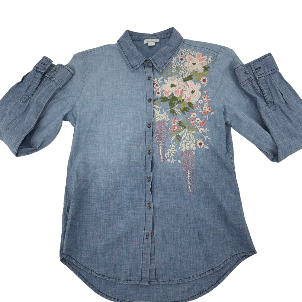 Vintage Sundance Embroidered Floral Denim Shirt Womens Small Blue Button‎  Boho